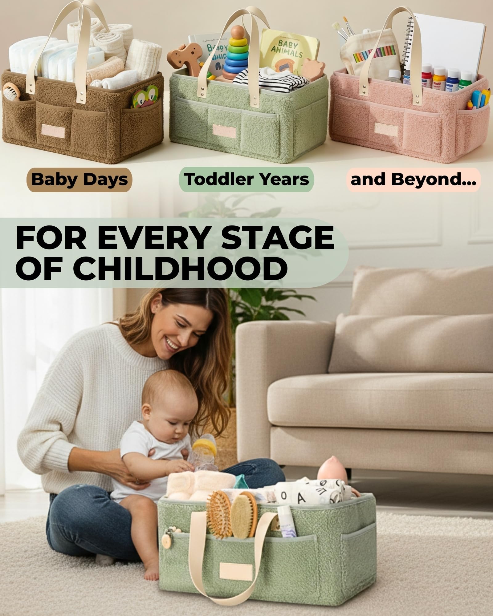 Toodly Baby Diaper Caddy Organizer with Portable Changing Mat - Teddy Fleece Diaper Organizer for Changing Table - Basket for Changing Essentials - Baby Essentials Organizer with Removable Dividers