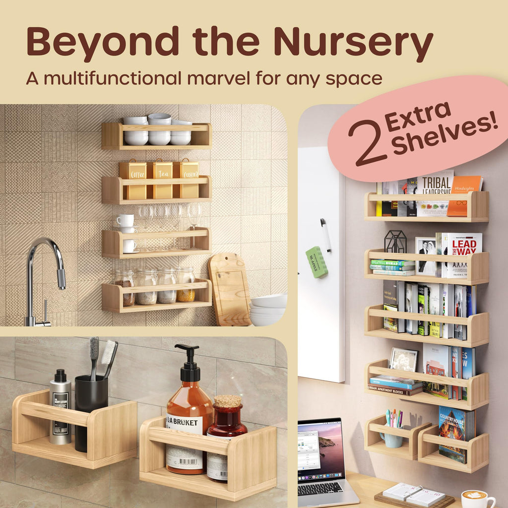 HOMEY PANDA DIY Wall-Mounted Nursery Bookshelves - 4 Long + 2 Mini Shelves, Kids Room Storage (DIY Paint Pine Wood)