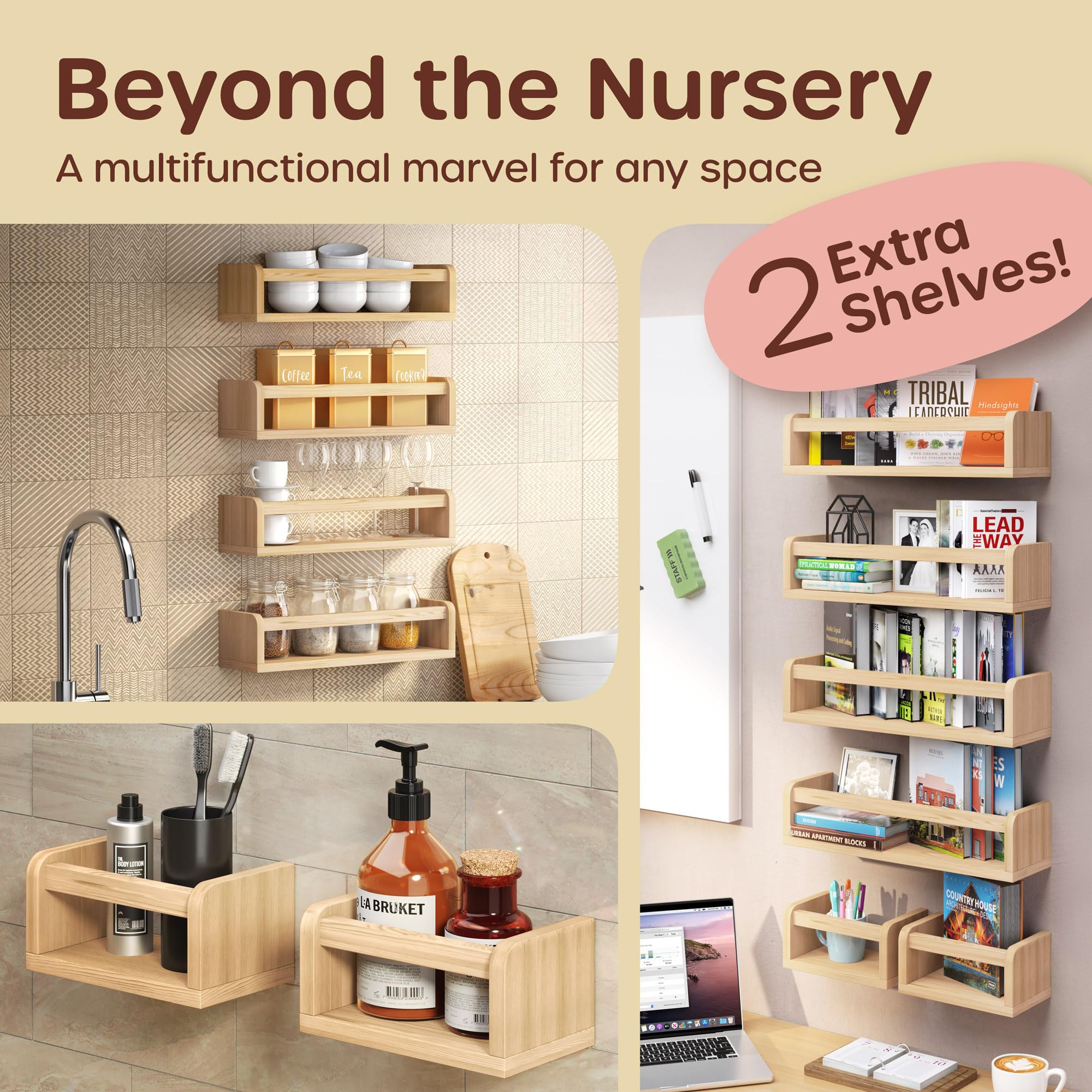 HOMEY PANDA DIY Wall-Mounted Nursery Bookshelves - 4 Long + 2 Mini Shelves, Kids Room Storage (DIY Paint Pine Wood)