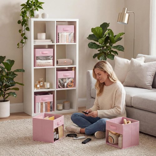 Granny Says Cube Storage Bins - 11 Inch Collapsible Fabric Organizers with Clear Window - Pink 6-Pack