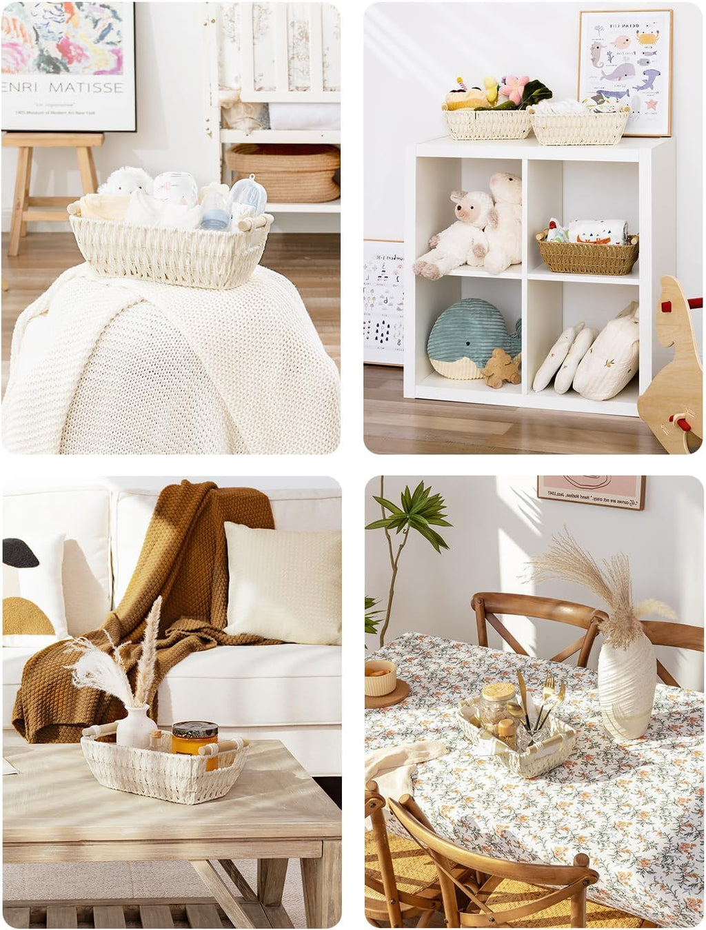 StorageWorks Round Woven Paper Rope Baskets - Stylish Beige 2-Pack with Wooden Handles for Gifts
