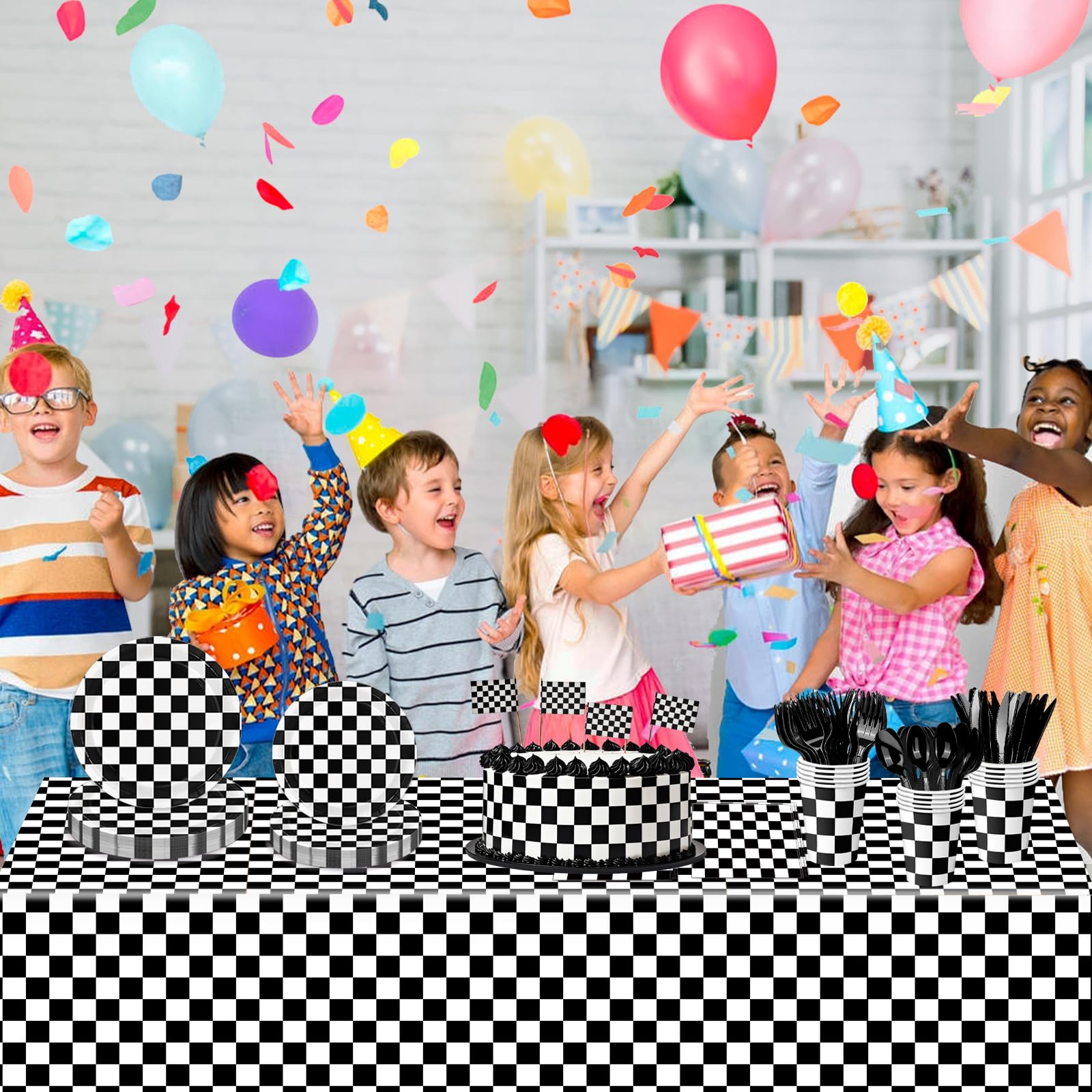 Oigco 168 PCS Race Car Birthday Party Decorations with Checkered Flag Plates, Cups, Napkins, Cutlery for Cars Birthday Decorations, Serves 24