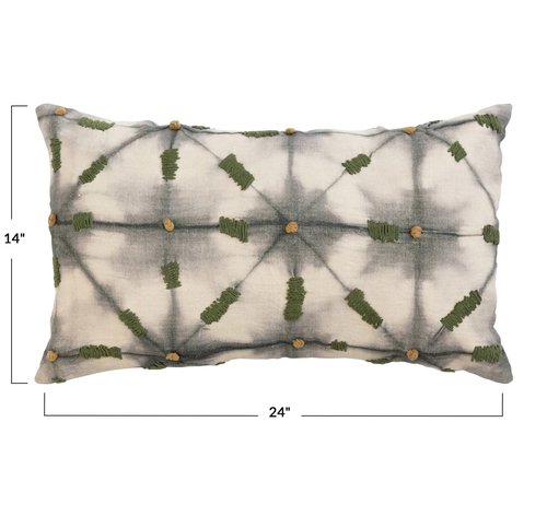 Creative Co-Op Linen Printed Lumbar Pillow with Hand-Embroidery and Chambray Back, Multicolor