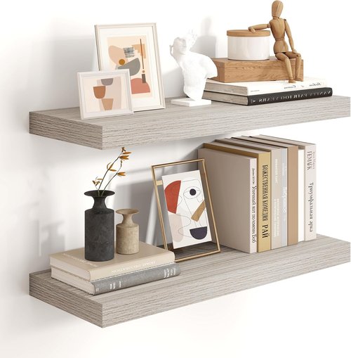 Heimlove 24-Inch Floating Shelves - Rustic Grey Wall-Mounted Storage for Bathroom, Bedroom & Office | Set of 2