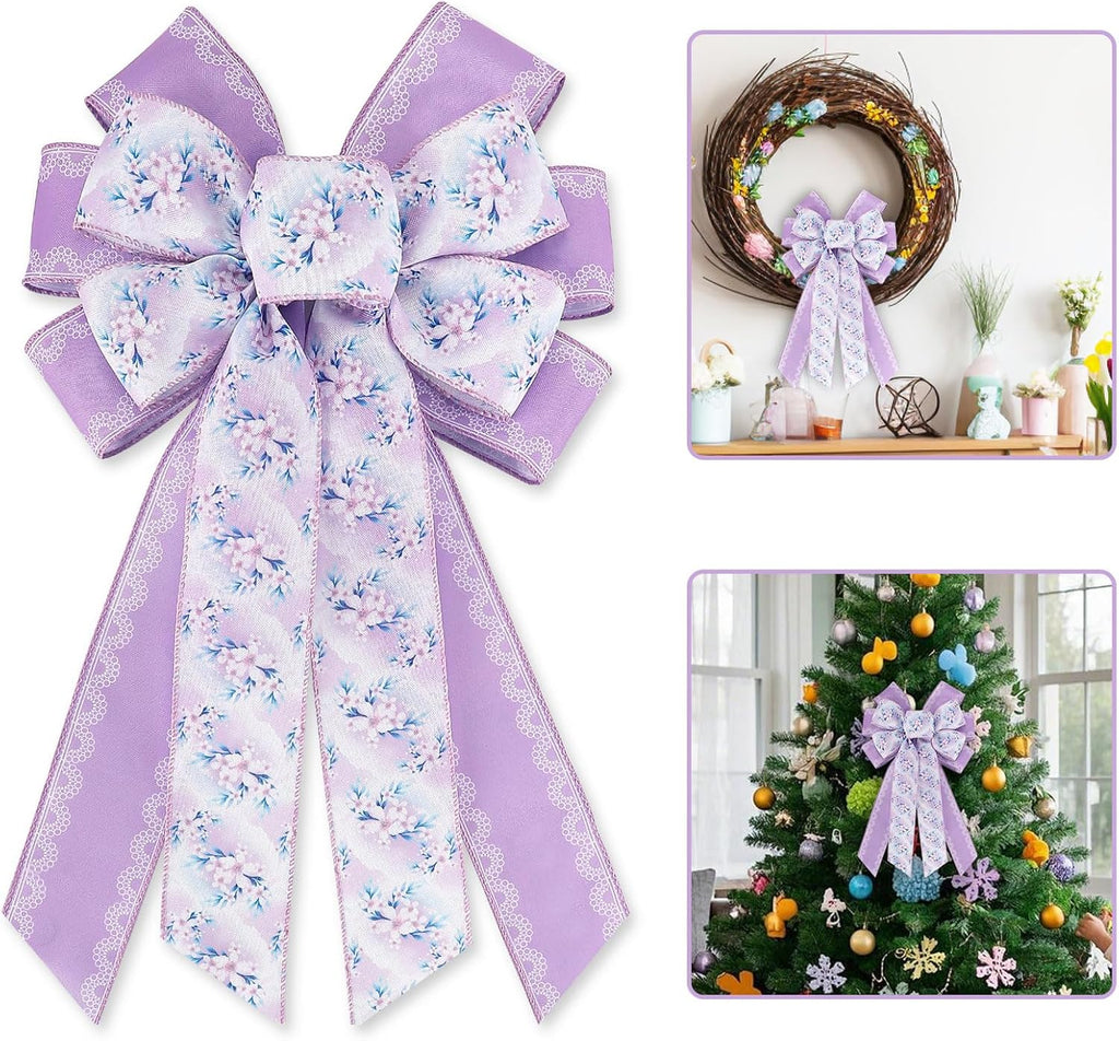 Spring Floral Wreath Bows - Purple Burlap Wired Bows with Lace for Rustic Indoor/Outdoor Decor