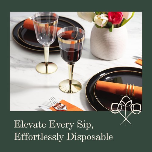 BloominGoods Disposable Wine Glasses With Stem, 10 Oz. Gold Rim Plastic Wine Glasses For Parties, Weddings, Large Clear Wine Cups Plastic, 50 Ct.