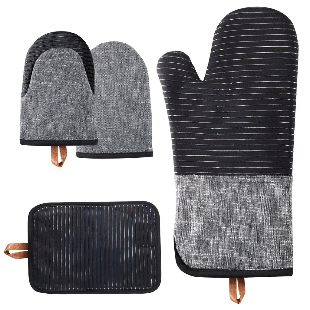 TIPTAP 4PCS Oven Mitts Set，Non-Slip Cotton Oven Mitt and Pot Holders – Heat Resistant, Durable，Machine Washable，1 Long Mit, 2 Mini Oven Mitts and 1 Pot Holder (Blue)