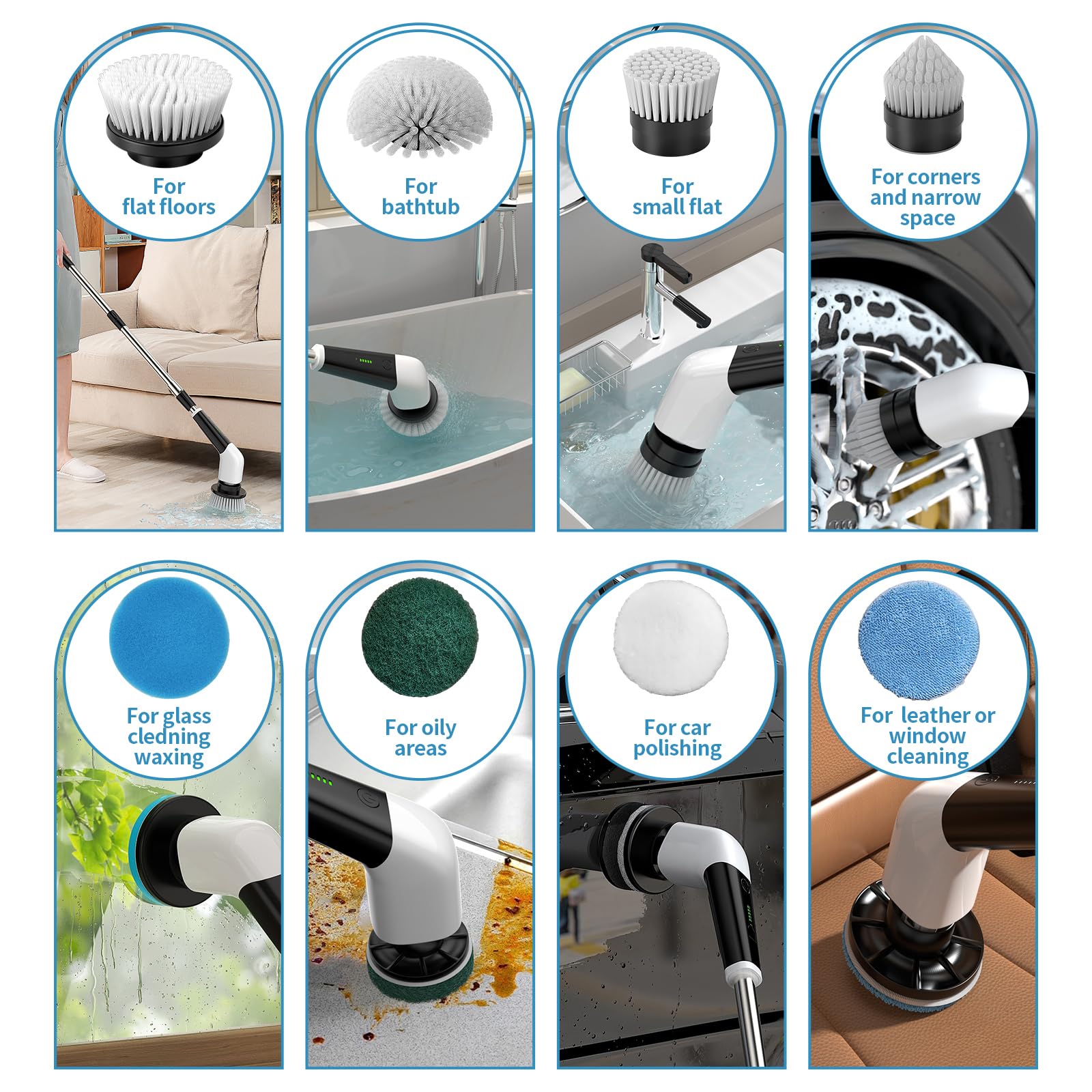Replaceable Brush Heads Set,8 Pcs Set Suitable for Electric Spin Scrubber,Spin Brush Heads Replacement for Most Brands of ANS-8051A/8050 Cordless Shower Scrubber,for Home and Kitchen,Bathroom,Car