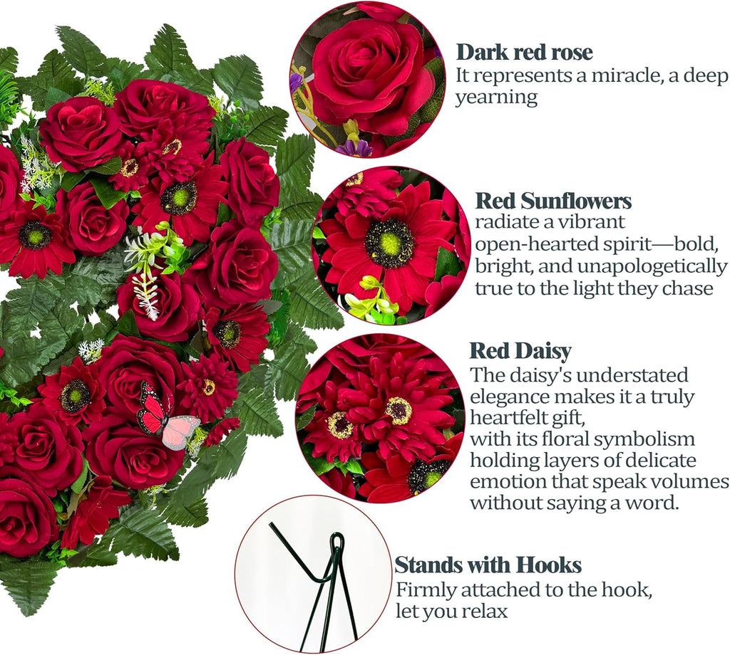 Regine Switzerland Cemetery Wreath - Heart-Shaped Remembrance Floral with 30-Inch Easel Stand | Red Rose