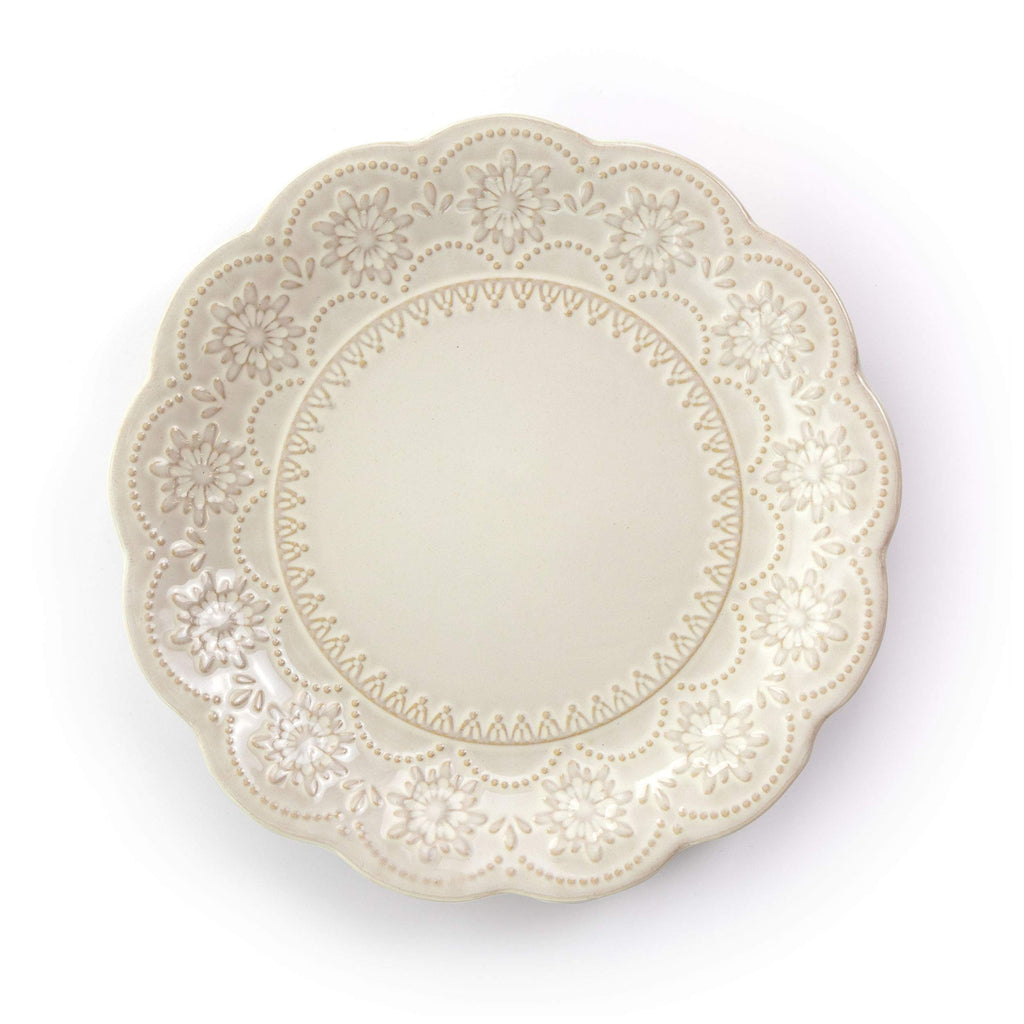 Elama Embossed Scalloped Stoneware Dinnerware Dish Set, 16 Piece, Ivory