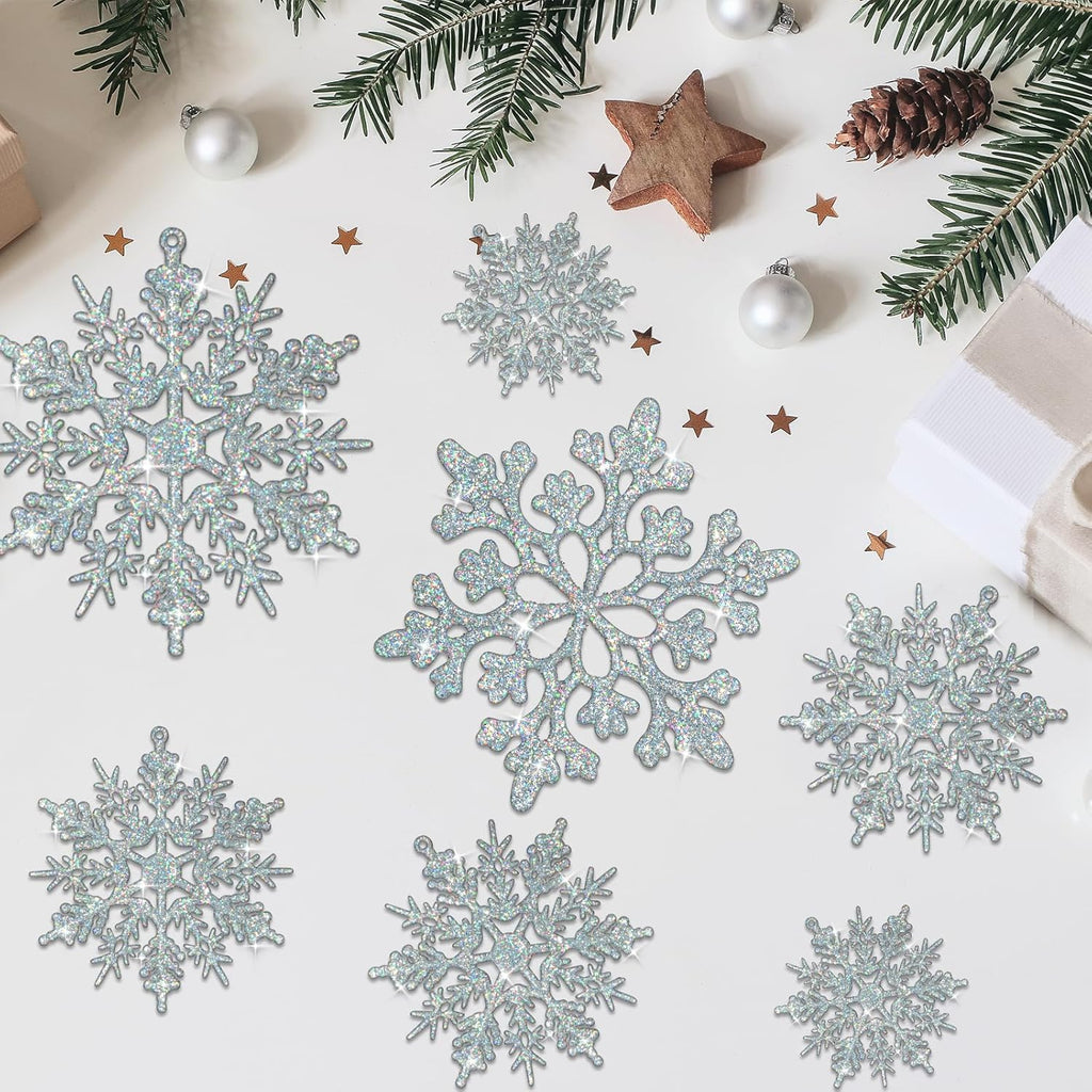 Skiennix 36-Piece Iridescent Silver Christmas Snowflake Ornaments - Sparkling Glitter Decor for Holiday Home & Winter Parties