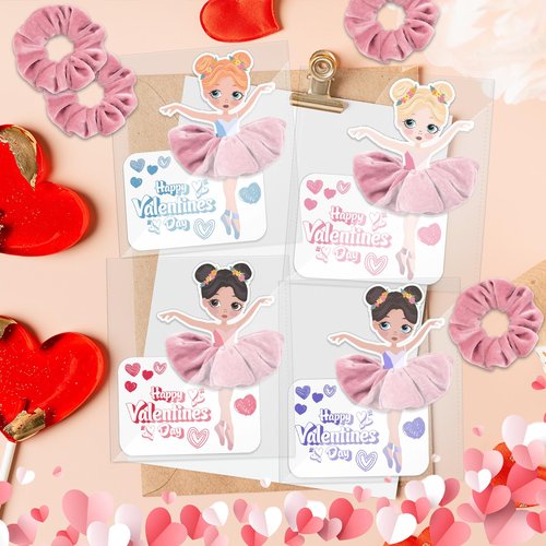 24 Pack Valentines Day Gifts Ballerina Cards With Hair Scrunchies Pink Velvet Elastics Hair Accessories for Valentine School Classroom Exchange Gift Party Supplies