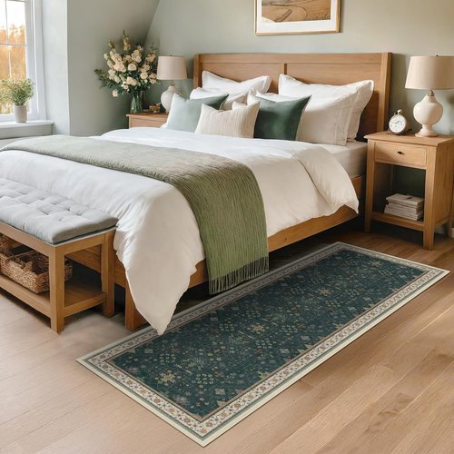 Dark Green Kitchen Rug - Modern Vintage Boho Floral Design | Washable Low Pile Non-Slip 2x5 Runner