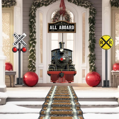 Train Party Decoration Train Theme Door Banner Backdrop Railroad Track Aisle Runner Traffic Crossing Sign Background Fabric for Transportation Birthday School Classroom Home Baby Shower Supplies
