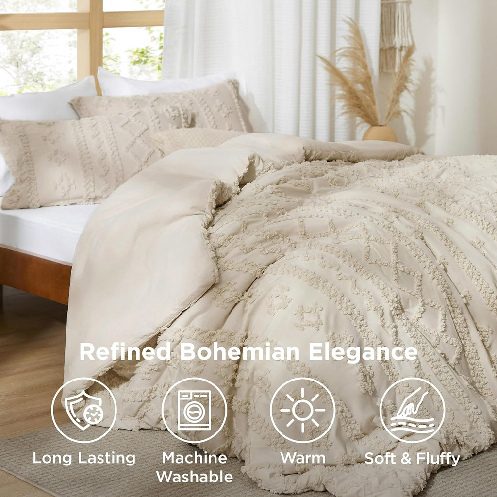 Bedsure Tufted Boho Comforter Set - Queen Size Beige Bedding with GentleSoft™ Fabric | 3-Piece Farmhouse Style