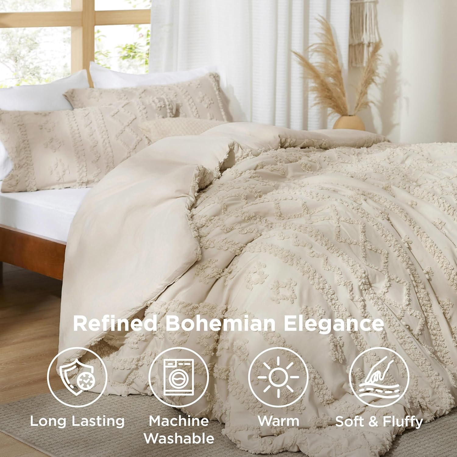 Bedsure Tufted Boho Comforter Set - Queen Size Beige Bedding with GentleSoft™ Fabric | 3-Piece Farmhouse Style