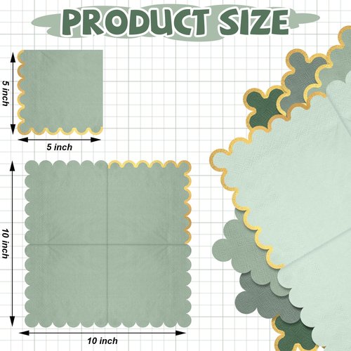 Saypacck 100 Pack Scalloped Cocktail Napkins with Gold Foil Accents Beverage Napkins Scalloped Disposable Paper for Wedding Shower Baby Dinner Birthday Party Supplies 5 x 5''(Green)