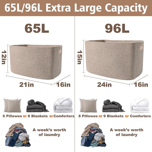 JMvicyroam Woven Blanket Basket - 65L Large Storage Bin for Toys & Clothes | Decorative Rope Design in Oatmeal