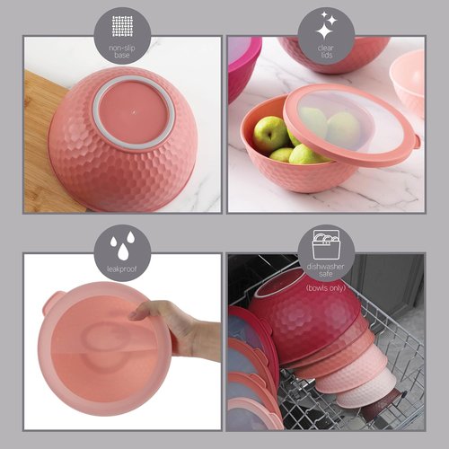 COOK WITH COLOR Mixing Bowls Set - 12-Piece Plastic Nesting Bowls with Lids, Microwave Safe, Rose Embossed