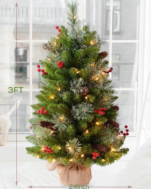 Amaoasis 3ft Pre-Lit Artificial Christmas Tree with 70 LED Lights Mini Xmas Trees, Cement Burlap Base Basin, for Home Tabletop, Green
