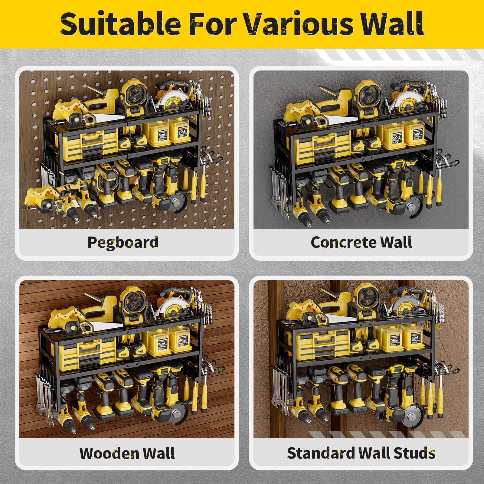 SEENWUUN Power Tool Organizer Wall Mount Heavy Duty 320 lbs, 3 Layers Storage Rack with 9 Drill Holders & Battery Storage, cordless tool organizer for Garage, Workshop & Tool Room
