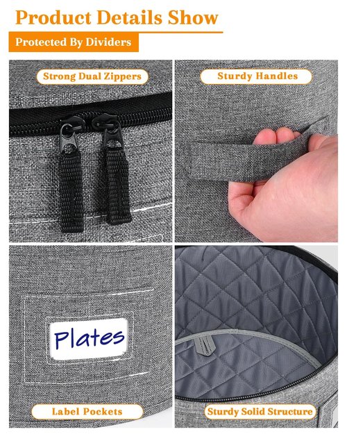 punemi China Storage Containers, Dish Storage w/Hard Shell Top Side Bottom Support & Felt Dividers for Charger Plates Dinnerware, Perfect for Moving Supplies, 4 set Stackable Fine China Storage, Gray
