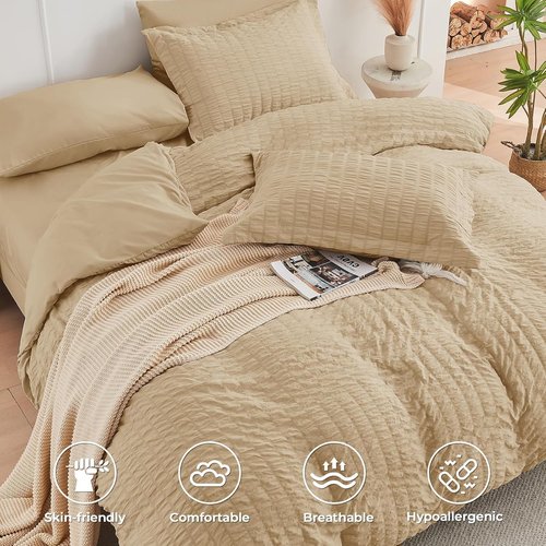 HYMOKEGE King Size Comforter Set - Luxury Seersucker 7-Piece Bedding Set in Khaki | All-Season Comfort