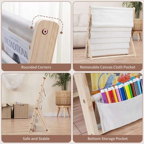 Hggzeg Wooden Bookshelf for Kids, 6 Tier Kids Bookcase Storage Display Rack with Fabric Storage Pockets, Easy Access Magazine Rack, for Children’s Bedroom and Playroom (Beige)