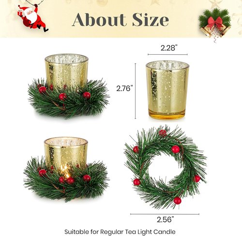 Hewory Tealight Candle Holders - Set of 6 Decorative Gold Xmas Wreath Votives for Holiday Centerpieces