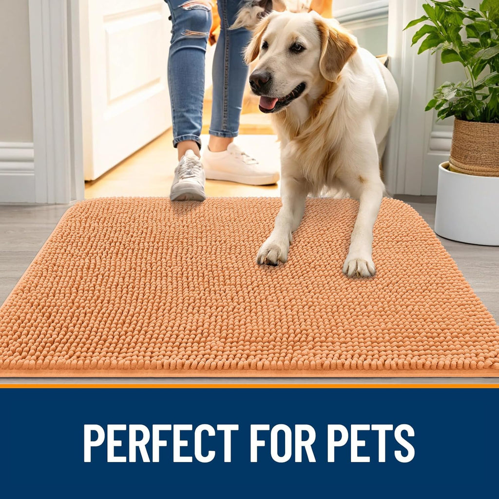 OLANLY Dog Door Mat - Absorbent Non-Slip Chenille Mat for Muddy Paws | 47x17 Inches, Quick Dry, Orange
