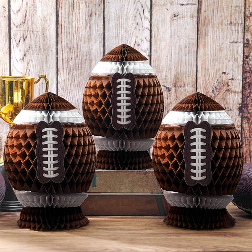 Fourluoo 3Pcs Football Party Decorations Large Football Honeycomb Centerpieces 3D Ball Table Decor Sports Ball Paper Honeycomb Decorations for Tailgate Party Decoration(Dark Brown,9.8 Inch)