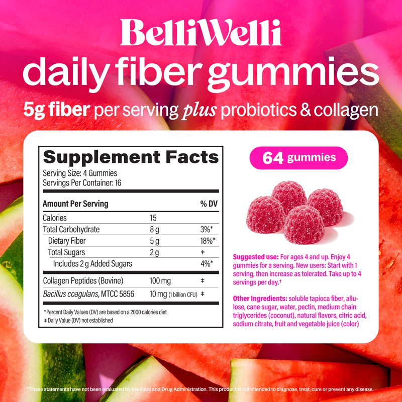 Daily Fiber Gummy Supplement with Probiotics & Collagen - Watermelon, 64 Count
