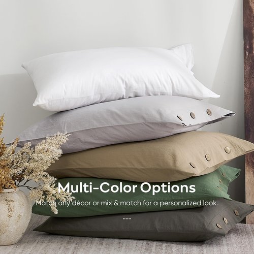 JELLYMONI 100% Washed Cotton Standard Pillowcases Set, 2 Pack Linen-Like Texture Breathable Pillow Covers with Button Closure,Dusty Khaki Standard 20"×26"(Pillows are not Included)