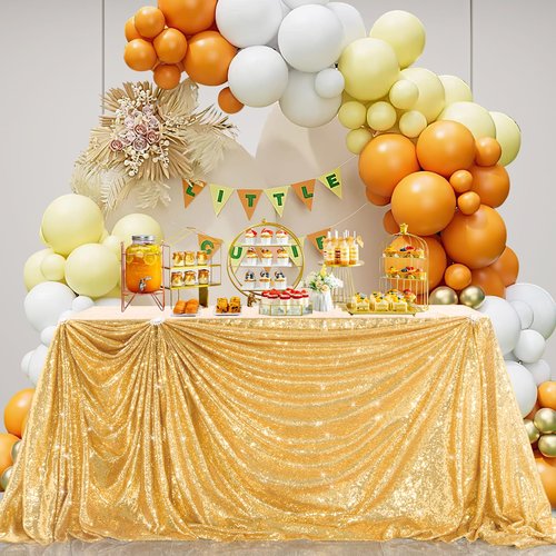 B-COOL Gold Rectangle Sequin Tablecloth 90x156-Inch Sparkly Wedding Tablecloth Long Glitter Table Overlays for Event Party Banquet