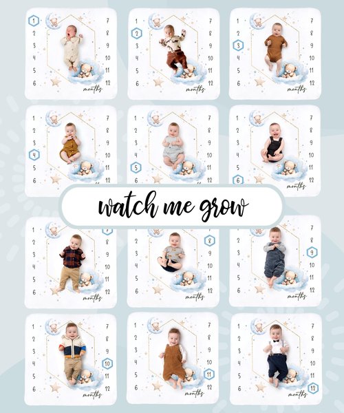 Baby Monthly Milestone Blanket for Boys- Soft Thick Fleece 46"x46" - Perfect Photo Growth Chart for First 12 Months - Extra Cozy for Pictures, Creating Monthly Memories - Sleepy Bear Design