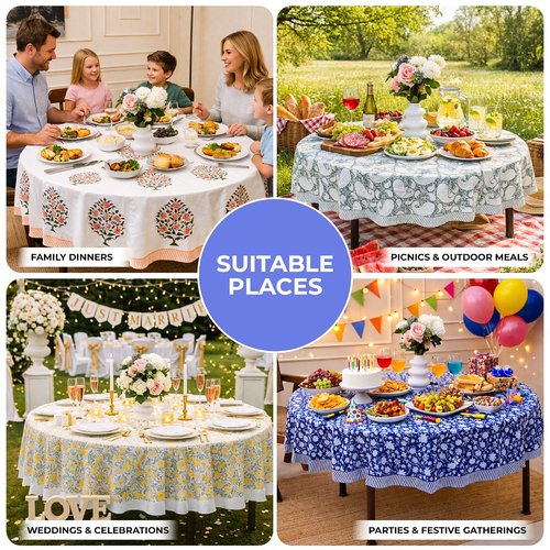 Blue & Green Floral Round Tablecloth | 100% Cotton Hand Block Printed Thanksgiving Table Cover, Premium Soft Fabric | for Dining Table , Festive, Home Décor & Thanksgiving (108 " Round Seats 8 to 10)