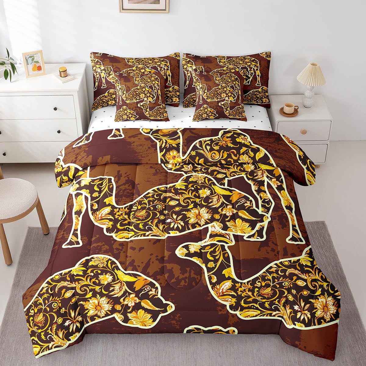 Feelyou Camel Bedding Set Boho Exotic Bed in a Bag Bohemian Damask Comforter Set Queen Size 7 Pieces for Kids Girls Brown European Floral Bed Set with Comforter, Sheet Set, Pillowcases, Pillow Covers