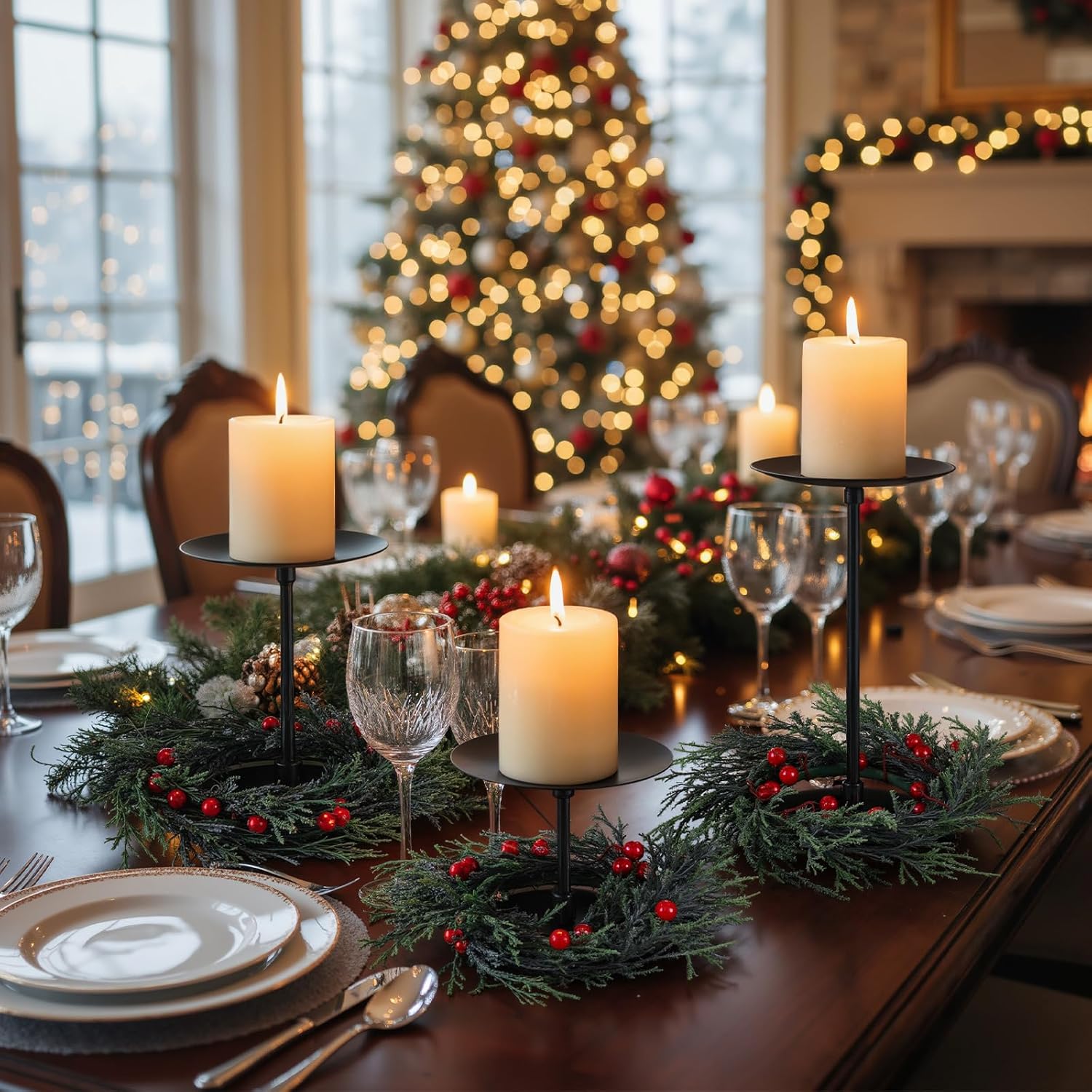 Baderke Christmas Candle Holders Set - 3 Sizes with Artificial Wreath & Red Berry Pine Garland