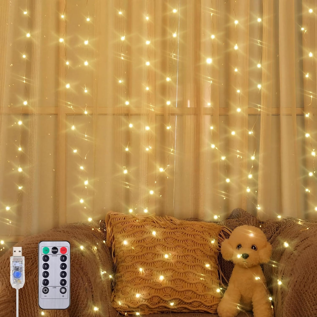 Skiennix 195 LED Curtain String Lights - 6.5 x 5 Ft Battery Operated with 8 Dimmable Modes | Copper Fairy Lights for Christmas & Wedding Decor
