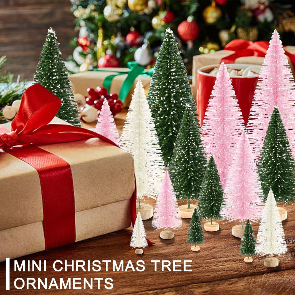 Skiennix 30Pcs Mini Christmas Trees - Artificial Bottle Brush Trees with Wooden Base for Holiday Decor | Green, Beige, Pink