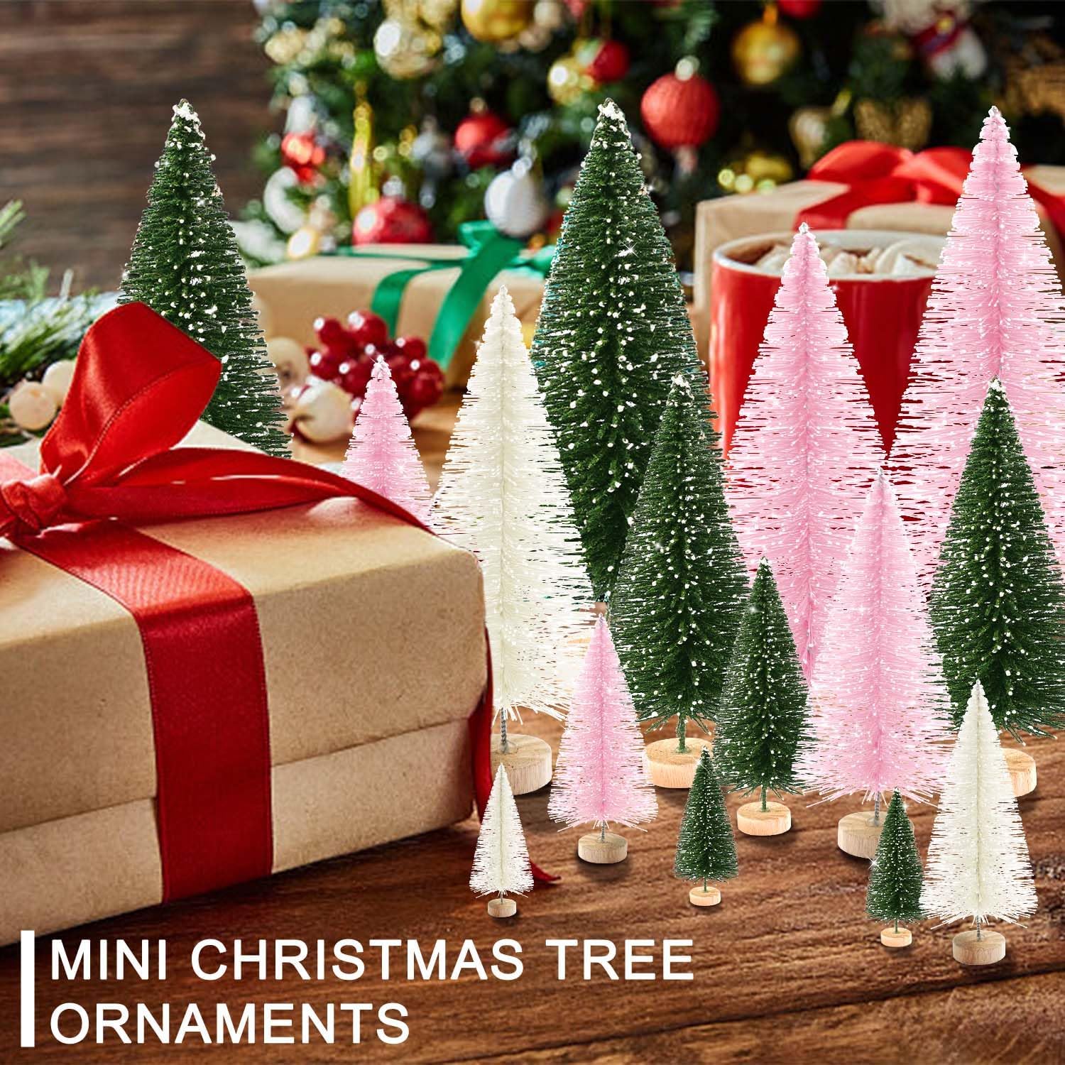 Skiennix 30Pcs Mini Christmas Trees - Artificial Bottle Brush Trees with Wooden Base for Holiday Decor | Green, Beige, Pink