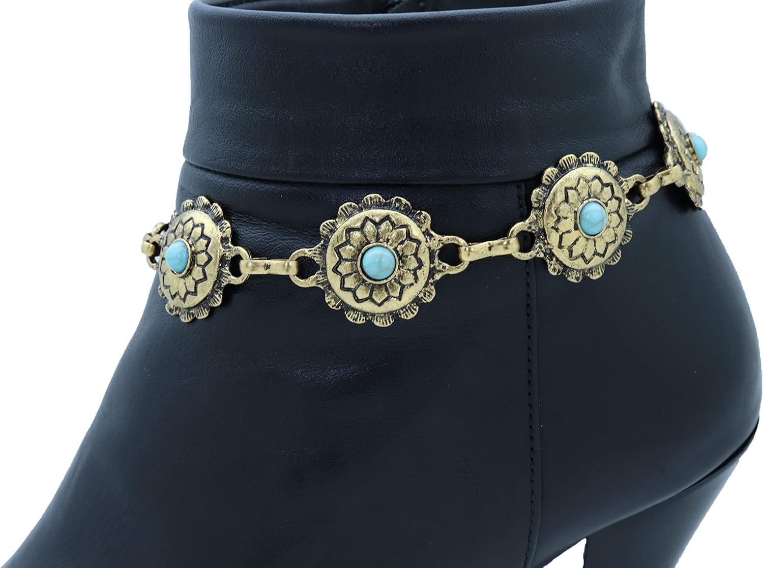 Skiennix Antique Metal Boot Chain Anklet - Western Fashion Jewelry with Turquoise Blue Beads