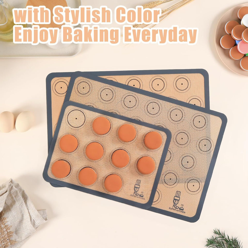 Silicone Baking Mat Macaron - Non-Stick Set of 3 | 2 Half Sheet Liners & 1 Quarter Sheet, Grey (16.5x11.6)