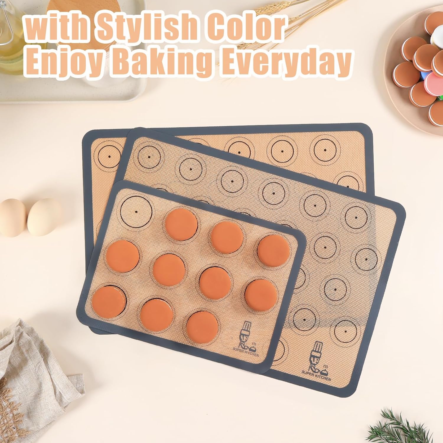 Silicone Baking Mat Macaron - Non-Stick Set of 3 | 2 Half Sheet Liners & 1 Quarter Sheet, Grey (16.5x11.6)