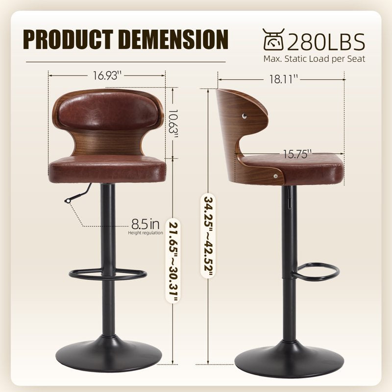 Swivel Bar Stools Set of 2 - Wooden Kitchen Chairs with Back, Brown