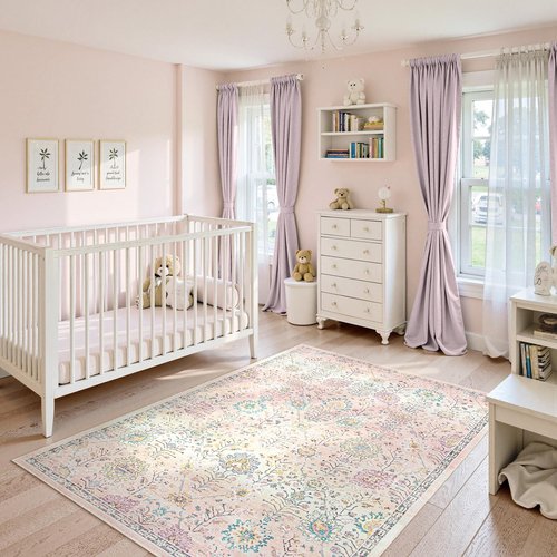 Lahome Flavie Pink Boho Area Rug for Nursery, 5x7 Washable Pink Rugs for Bedroom Girls Kids Room Living Room, Floral Pastel Carpet Non Slip for Teen Toddler Classroom Playroom Dorm, Bedroom Decor