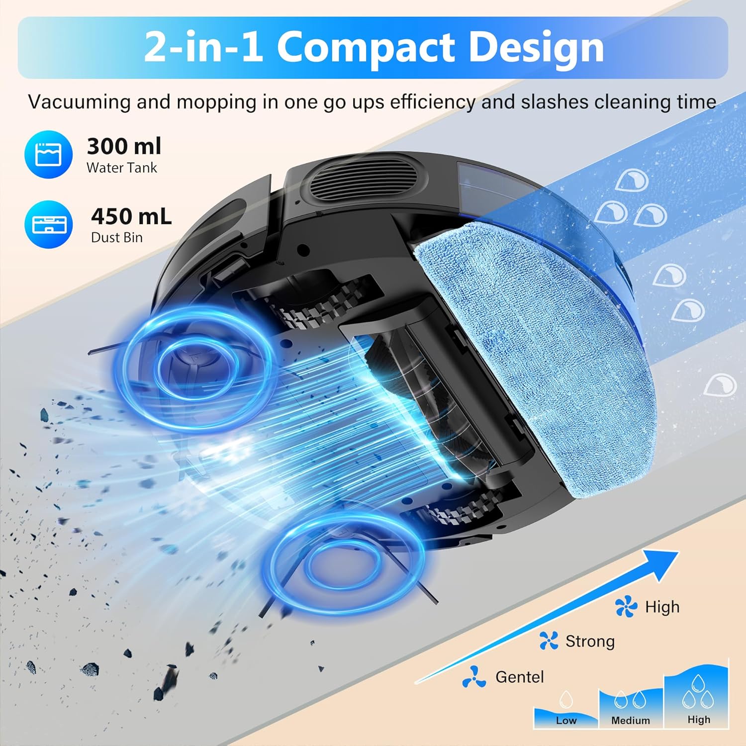 Tikom Robot Vacuum - 5000Pa Robotic Vacuum Cleaner & Mop Combo | 150 Min Runtime, App & Remote Control, Ideal for Hard Floors & Carpets