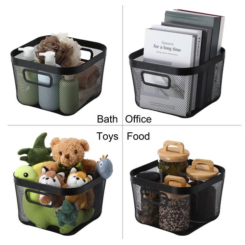 MorningRo 6 Pack Metal Mesh Basket with Hollow Handles Black Wire Storage Bin for Organizing Stackable Metal Fine Mesh Basket for Pantry Bathroom Kitchen Cabinets Shelves (Medium)