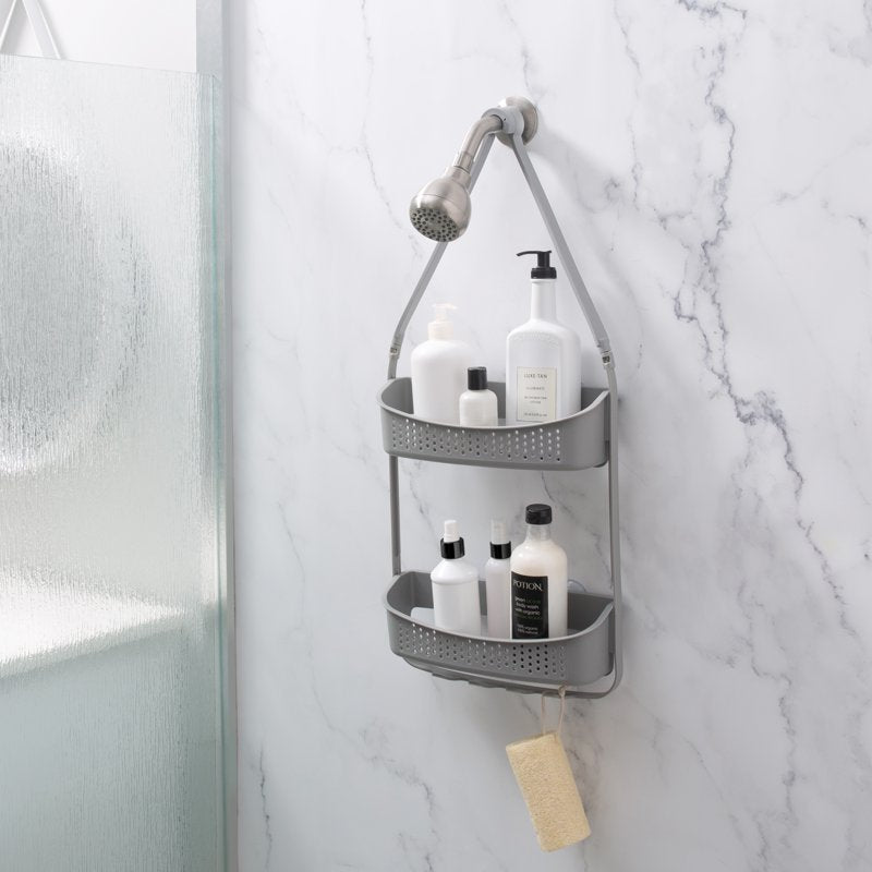 Grey 2-Way Convertible Plastic Shower Caddy with Hooks & Wide Shelves