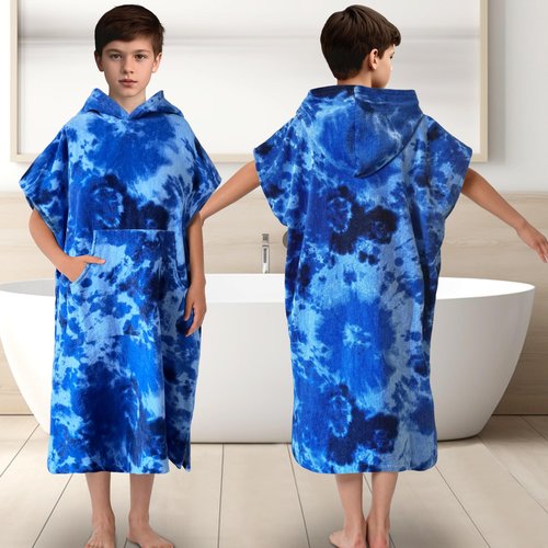 VOOVA & MOVAS Hooded Towels for Teens (8-14 Years,36"X26") | 100% Cotton Poncho Towel for Big Kids & Boys | Large Absorbent Towel Robe for Pool, Bath, Swim | Blue Tie Dye Design